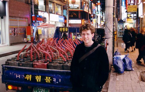 My co-worker Paul, from the Wonkwang University. We were new in town, and a little shocked to see gas cannisters just sitting in the back of a truck on the street. Visions of Boom. paulandtruck