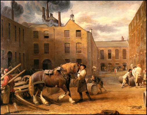 "A painted engraving of Whitbread Brewery in Chiswell Street London in 1792. It is also titled "A View from the East-End of the Brewery Chiswell Street, The famous Whitbread Brewery. A carthorse is being backed into a dray". The painter is listed as G.Garrard of No. 43 Little Britain and the engraver as W.Ward Warren Place, Kentish Town." CLick for source. 