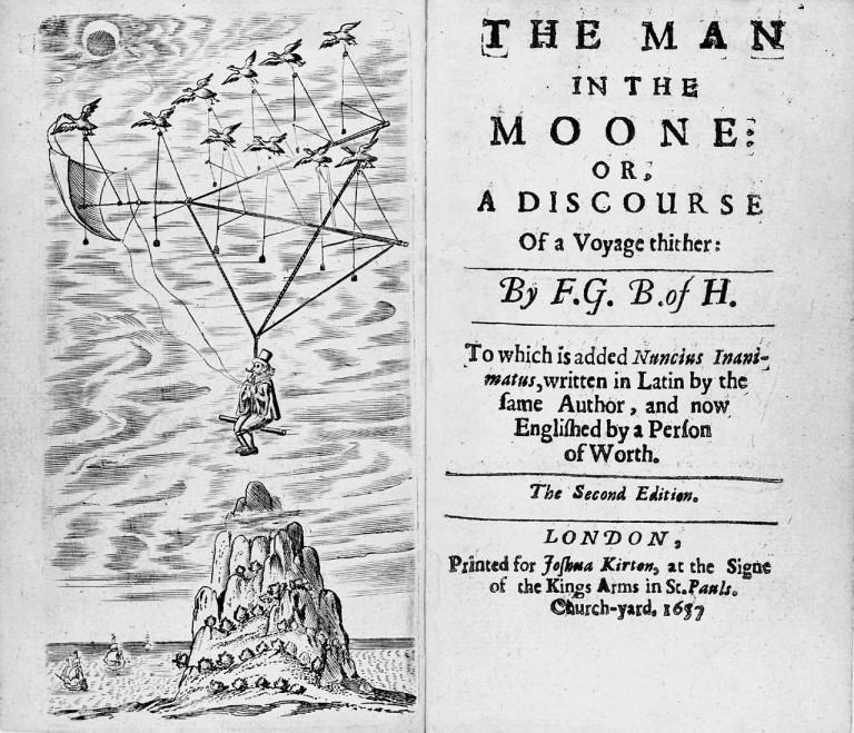 Frontispiece for the 2nd edition of Francis Godwin's book The Man in the Moone (1657).
