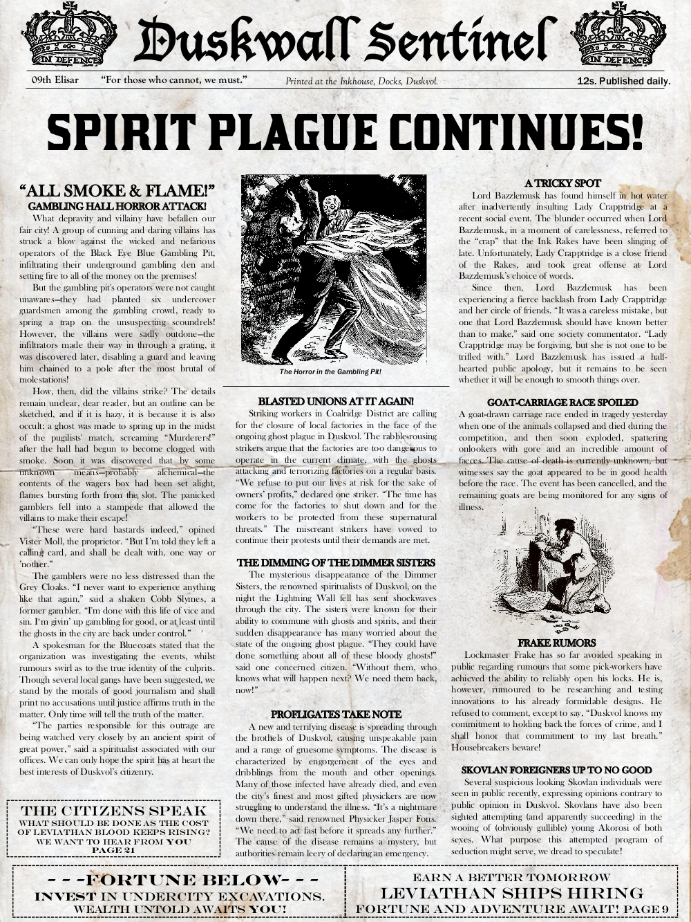 Duskwall Chronicle 5.0 - December 10 2022 Another Duskwall newspaper, with a large headline that reads, "Spirit Plague Continues!"