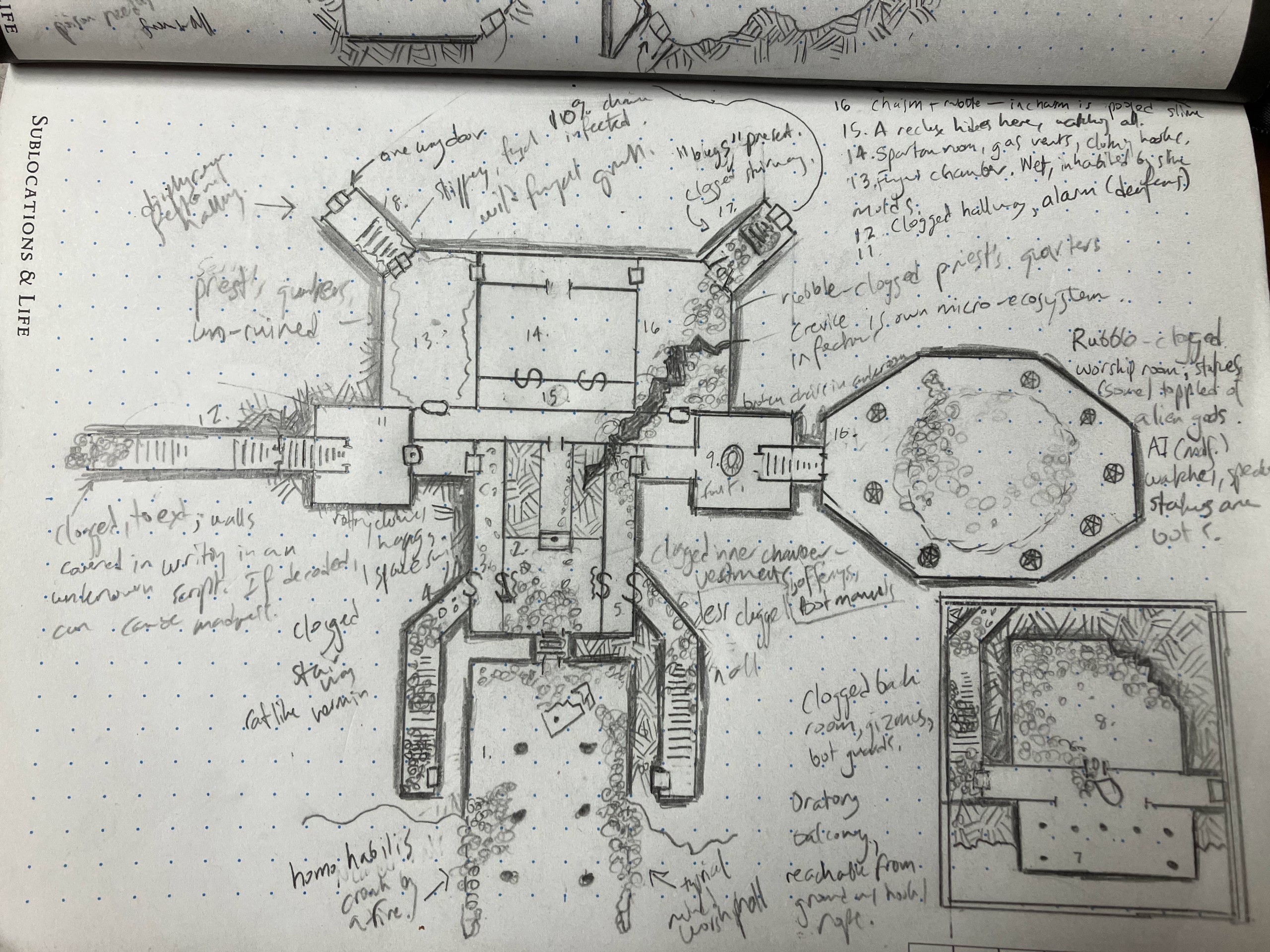 A dungeon map with lots of terrible handwritten notes about what the rooms contain. It looks grungy. This is the first of two.