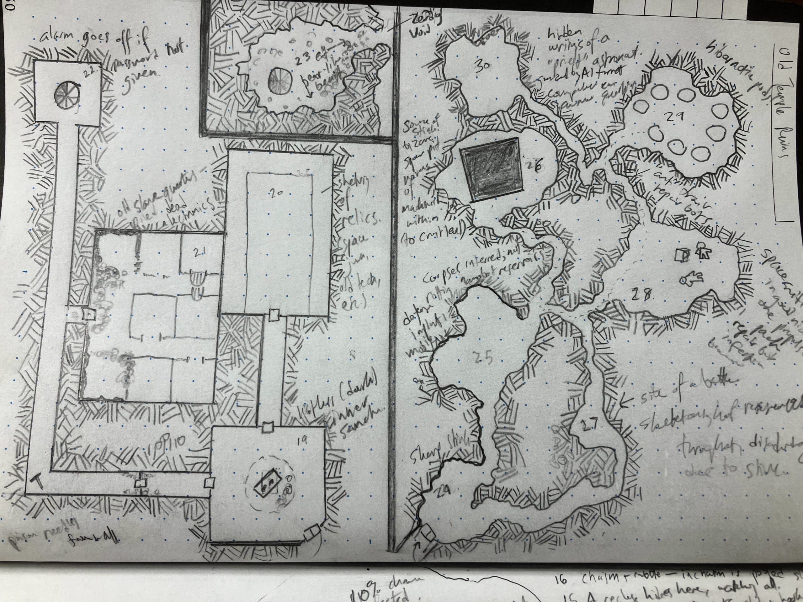 A dungeon map with lots of terrible handwritten notes about what the rooms contain. It looks grungy. This is the second of two.