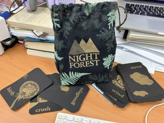 Night Forest game image with cards spread out by the game bag.